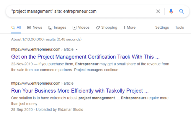 Image of google search for "project management" utilizing "site:" operator.
